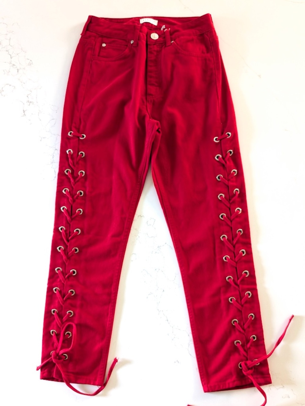 SANDRO Paris Cropped Lace Up Skinny Jeans Red Denim Pants Size 36 US 2 4 NWT